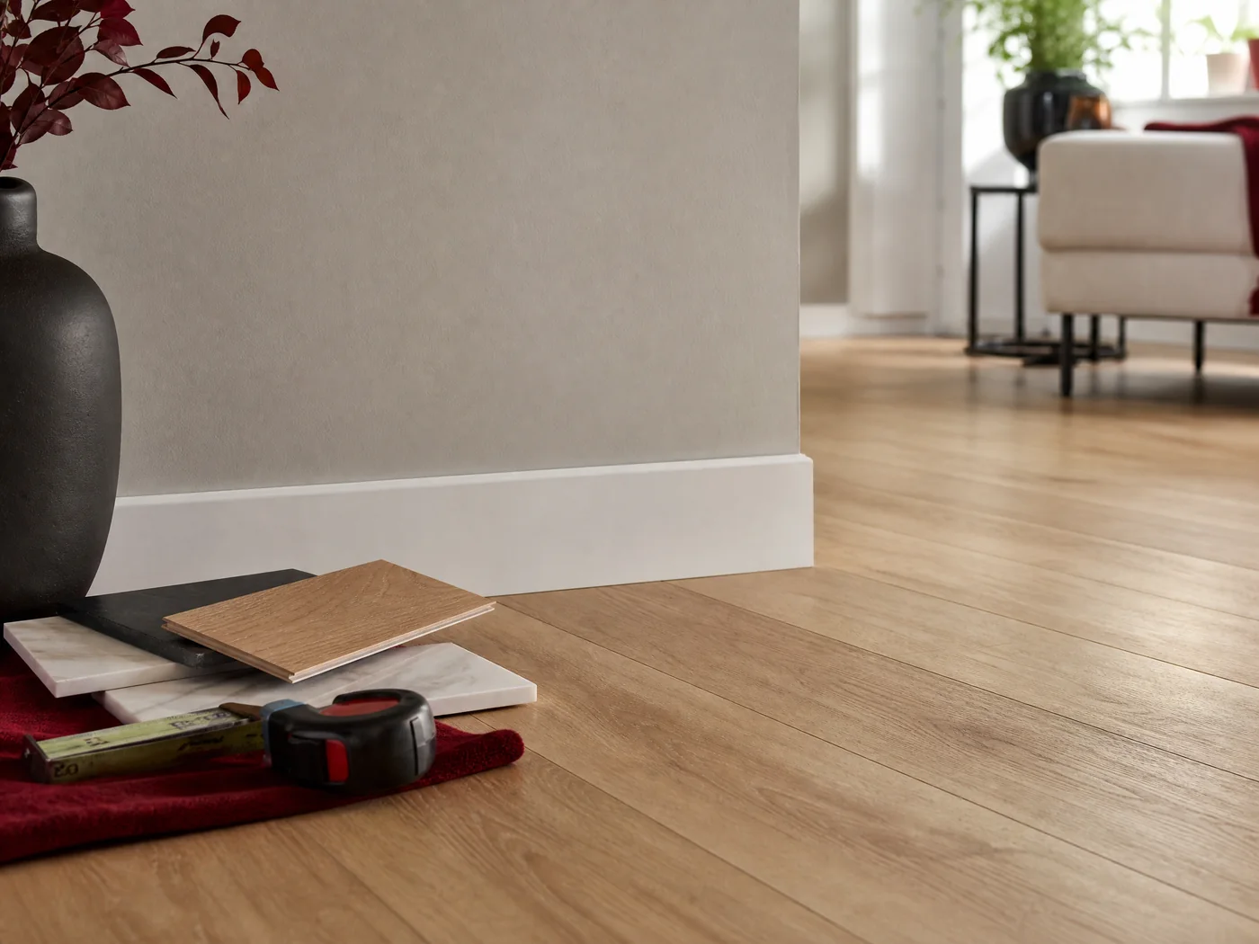 Detailed luxury vinyl plank flooring and trim finish